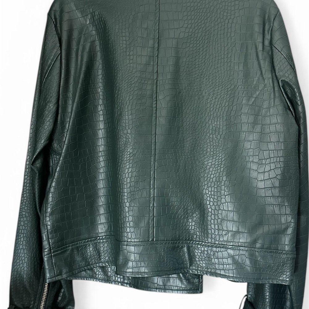 Catherine Malandrino Dark Green Croc-Embossed Moto Jacket - Picture 2 of 10